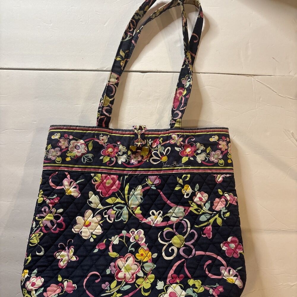 Vera Bradley Ribbons Toggle Tote Bag Navy Floral Grandmacore Cottagecore